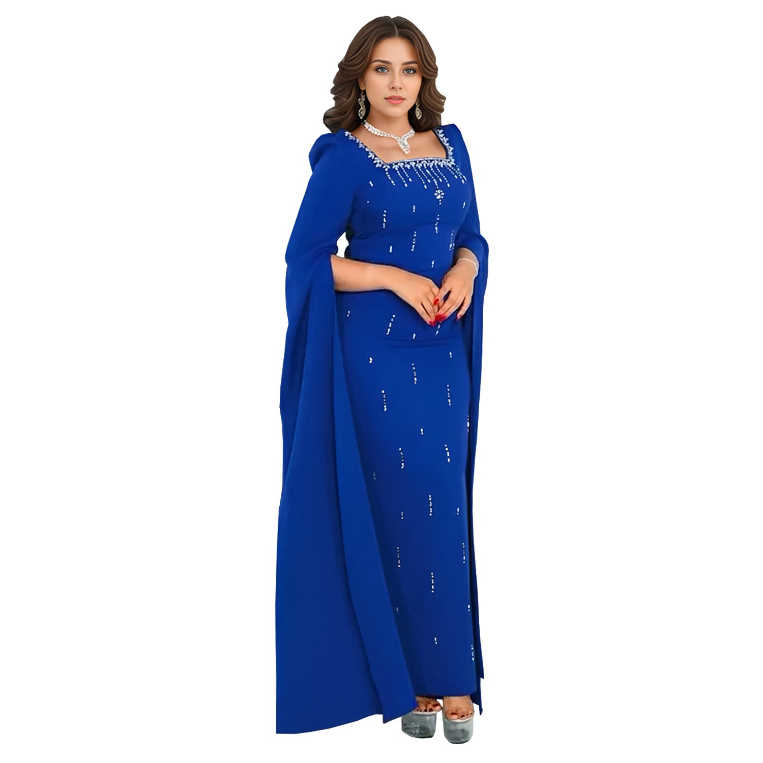 Royal blue embellished gown from Sleeve Drilling Elegant Dress collection showcasing luxury fashion and ملابس elegance