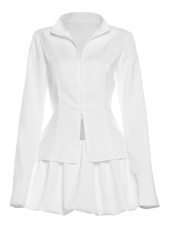 Summer Women Clothing Casual Trend Long Sleeve Zipper Waist Controlled Top Short Skirt Two Piece Set