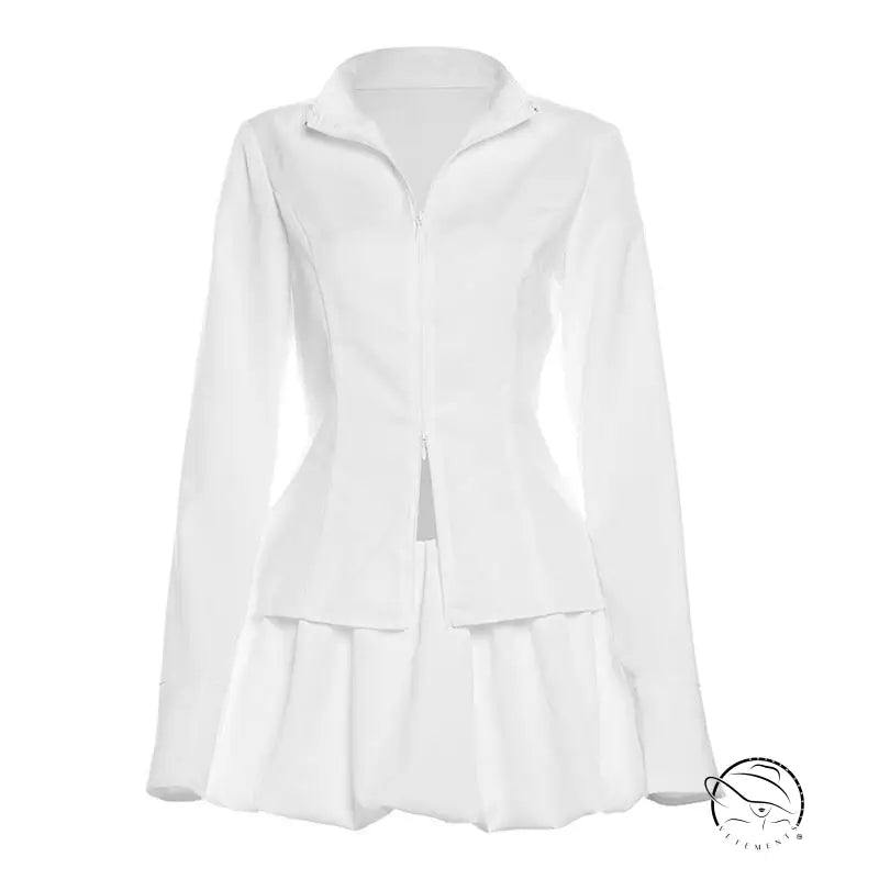 Summer Women Clothing Casual Trend Long Sleeve Zipper Waist Controlled Top Short Skirt Two Piece Set