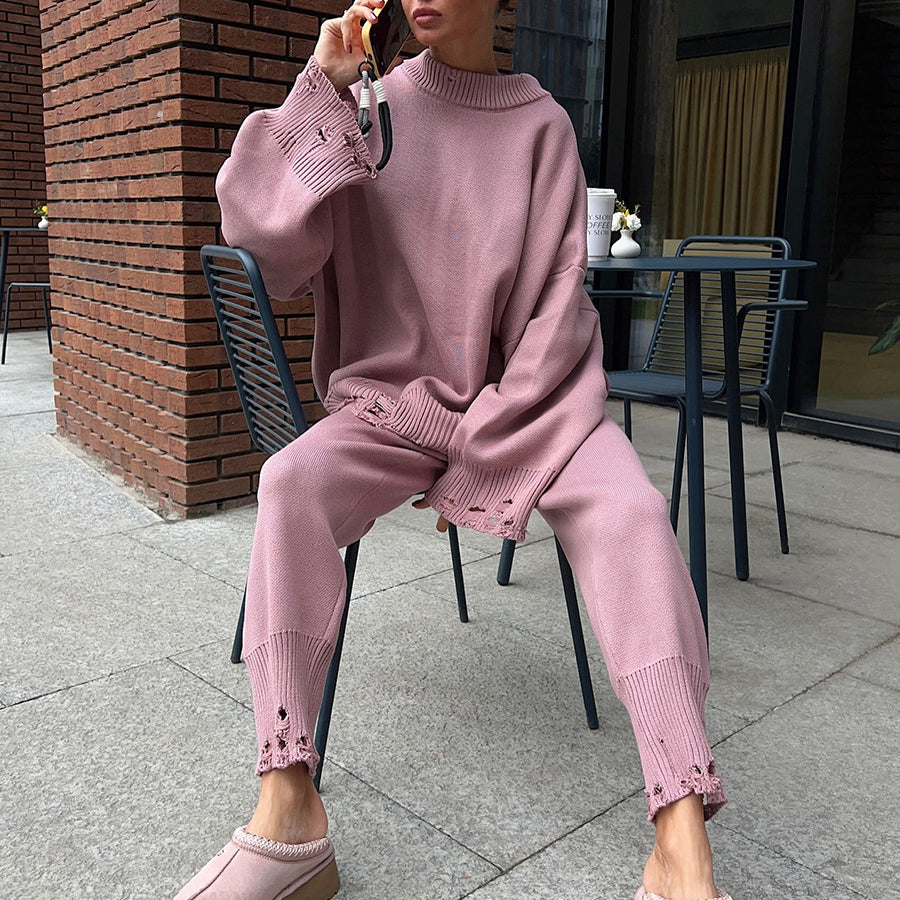 Winter Knitted Ankle Tight Pants Turtleneck Sweater Set