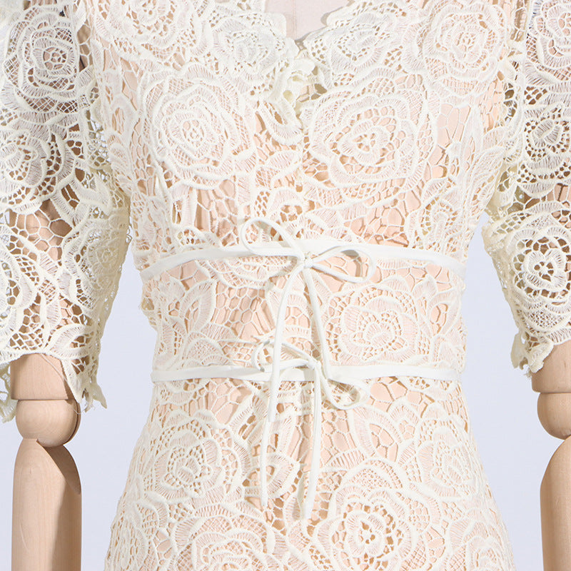 Delicate cream lace dress with corset ribbon tie, perfect for summer fashion, short sleeve style