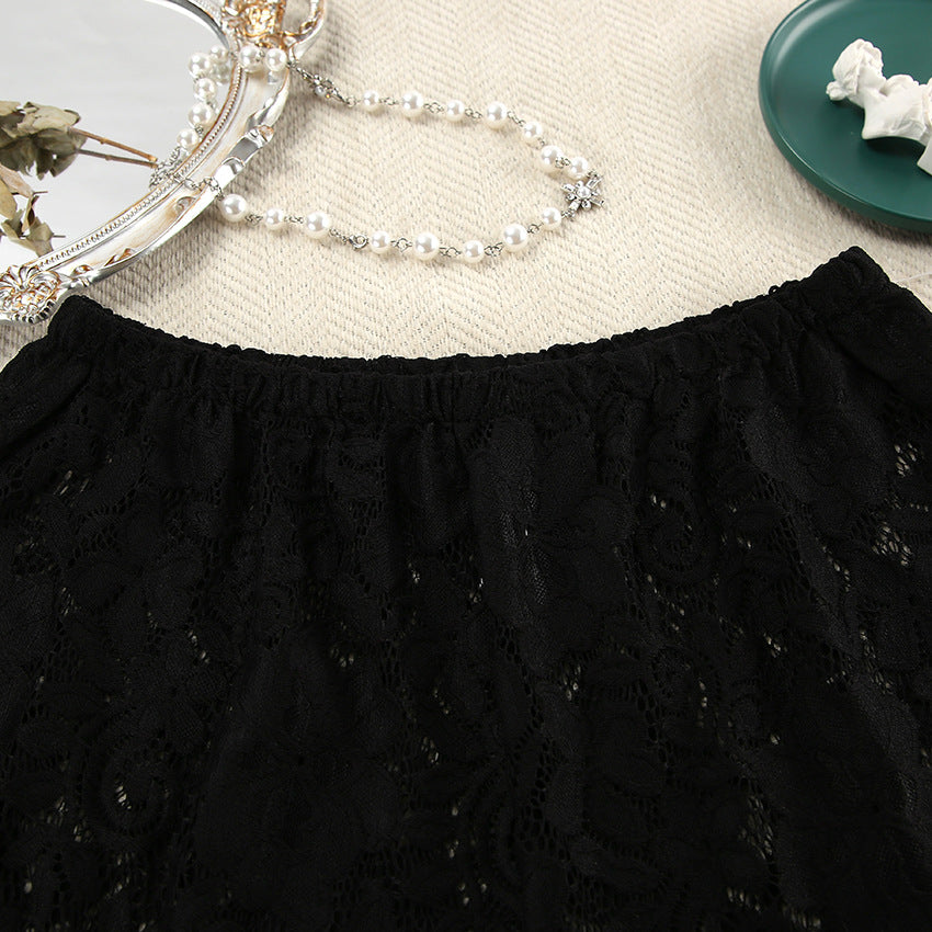 Black lace elastic waist mini skirt with slit shorts and fashionable pajamas lace design