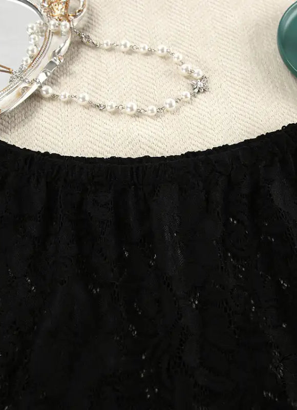 Black lace elastic waist mini skirt in pajamas lace design fashionable slit shorts