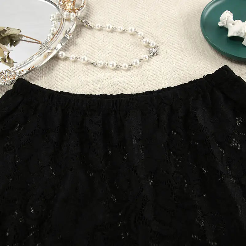 Black lace elastic waist mini skirt in pajamas lace design fashionable slit shorts