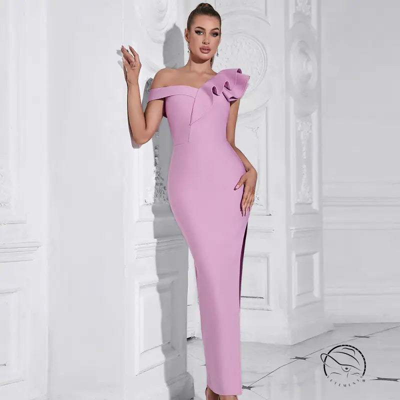 Pink off-shoulder langry fashion evening gown with bow detail
