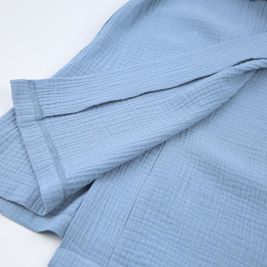 Light blue pure cotton casual nightgown with crinkled fabric and visible hem stitching