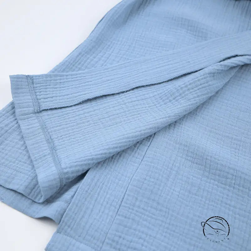 Pure cotton casual nightgown in light blue crinkled fabric with stitched hem