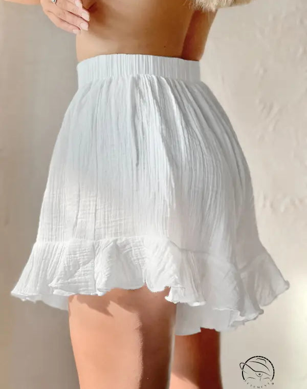 White loose shorts ruffled pajamas with ruffled mini skirt and elastic waistband