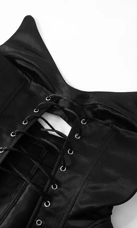 Black satin backless boning corset with lace-up back