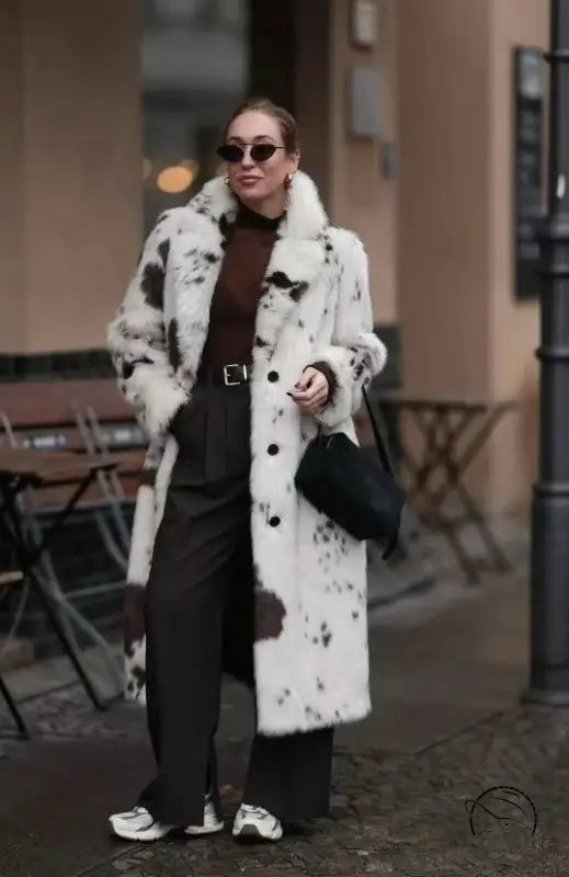 Cozy faux fur long coat in black and white cow print with shearling collar