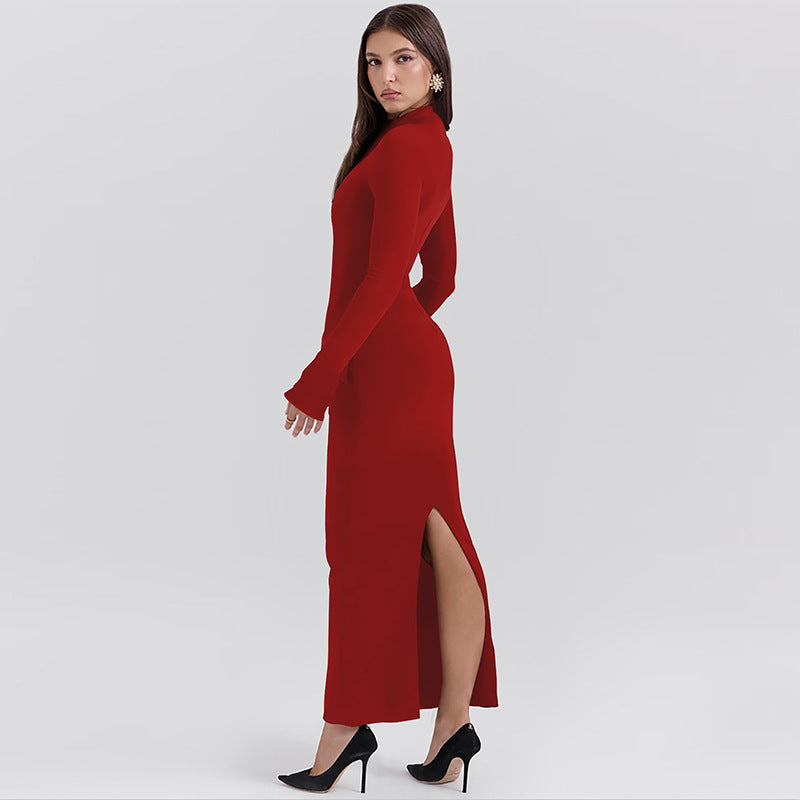 Red long-sleeved maxi dress showcasing stylish back slit perfect for fashion enthusiasts