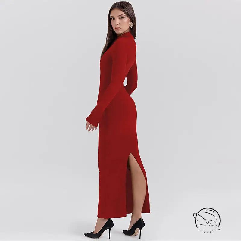 Red long-sleeved maxi dress with beautiful back slit in fashion style