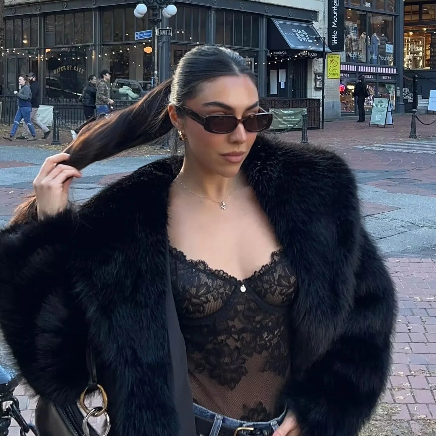 Gorgeous faux fur Langry fox jacket with lace top and jeans