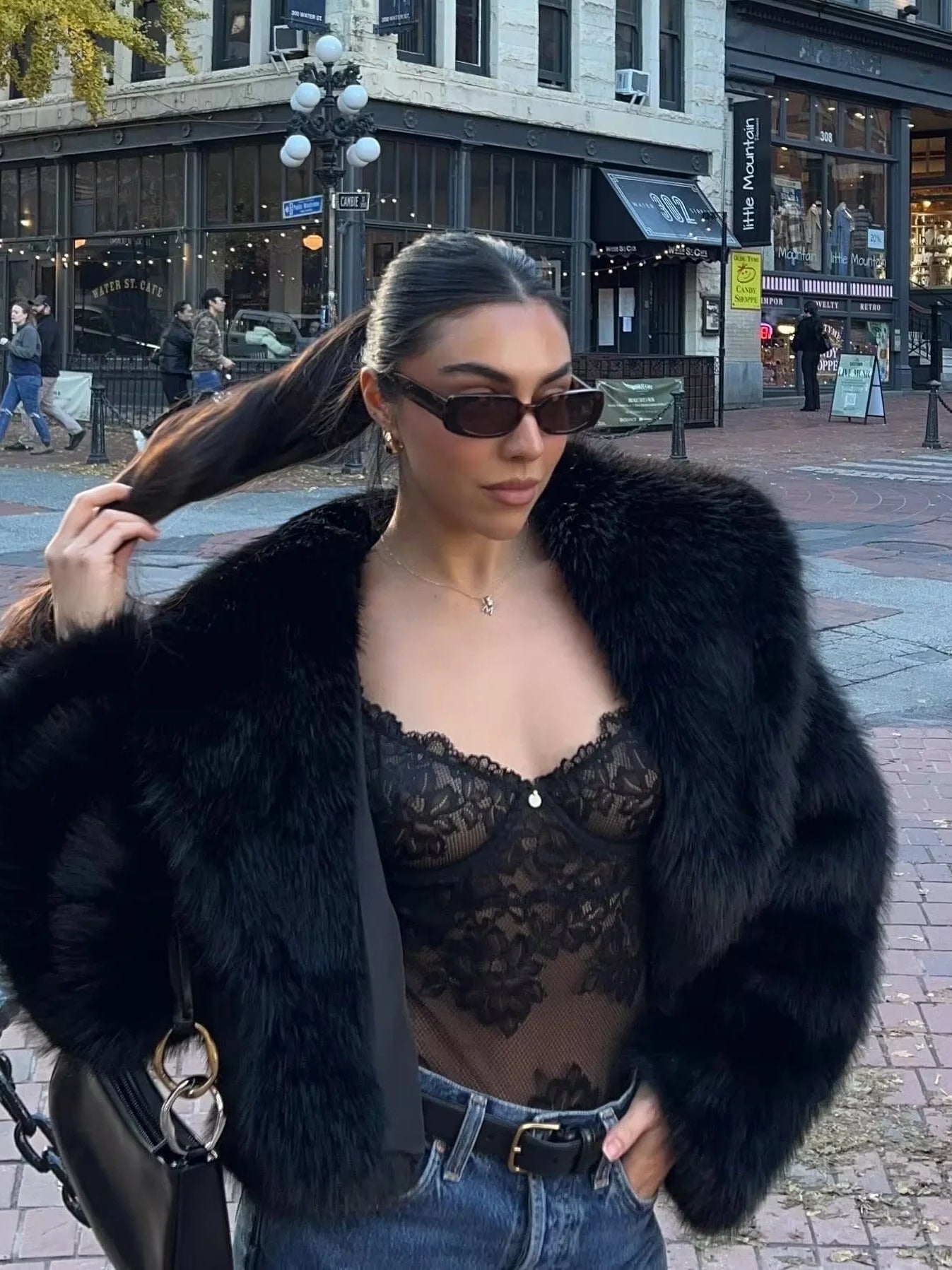 Gorgeous faux fur Langry fox jacket with lace top and jeans