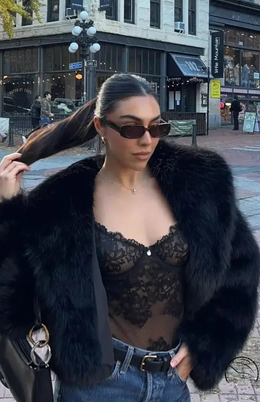 Gorgeous faux fur fox jacket with lace top and jeans, Langry fashion