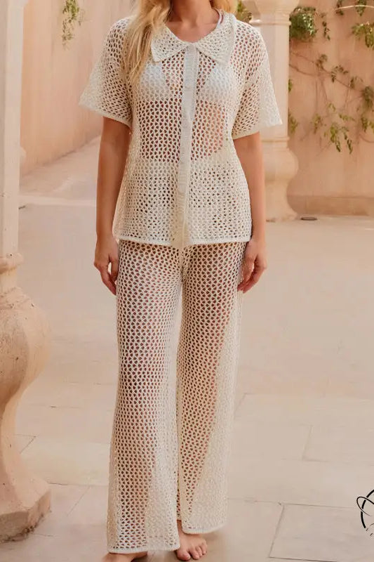 White crochet beach loose shirt and casual trousers set