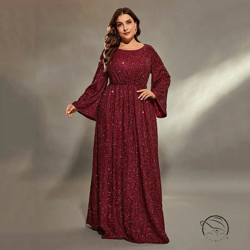 Burgundy sequined plus-size extra flattering evening dress