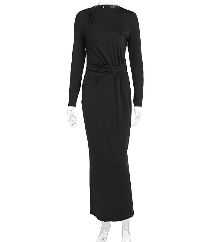 Black long-sleeved maxi dress with draped waistband in enchanting fashion