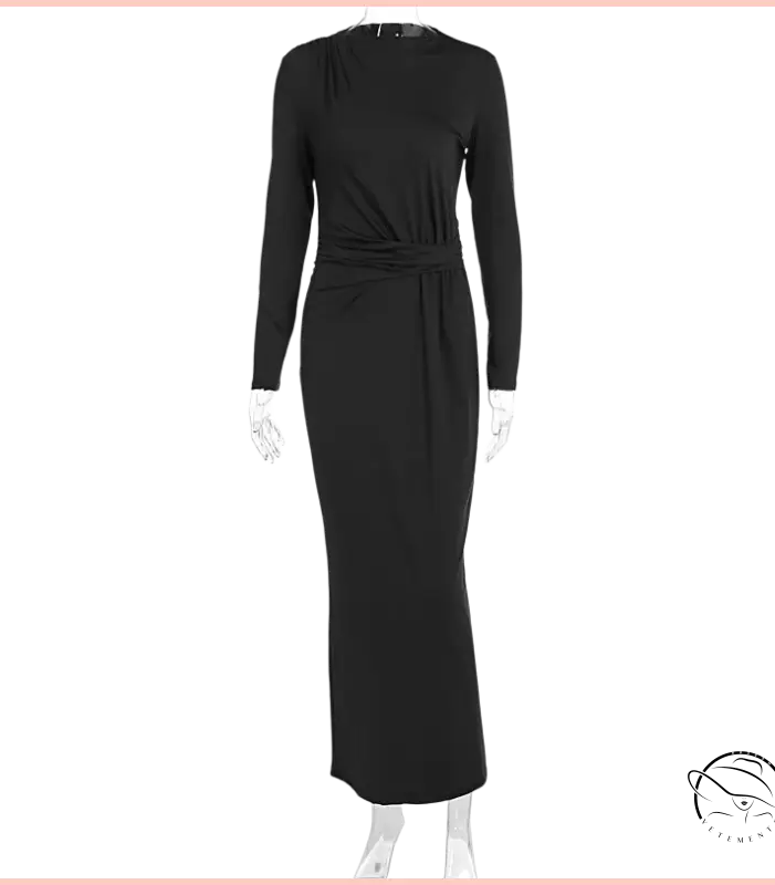Black long-sleeved maxi dress with draped waistband in enchanting fashion