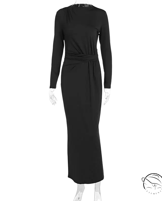 Black long-sleeved maxi dress with draped waistband in enchanting fashion