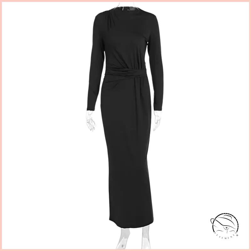 Black long-sleeved maxi dress with draped waistband in enchanting fashion
