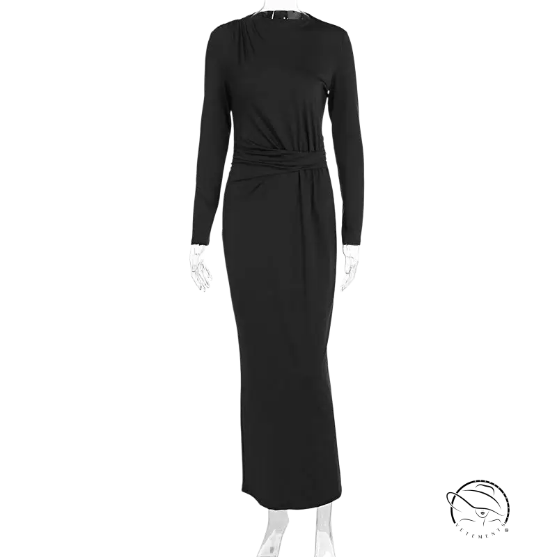 Black long-sleeved maxi dress with draped waistband in enchanting fashion
