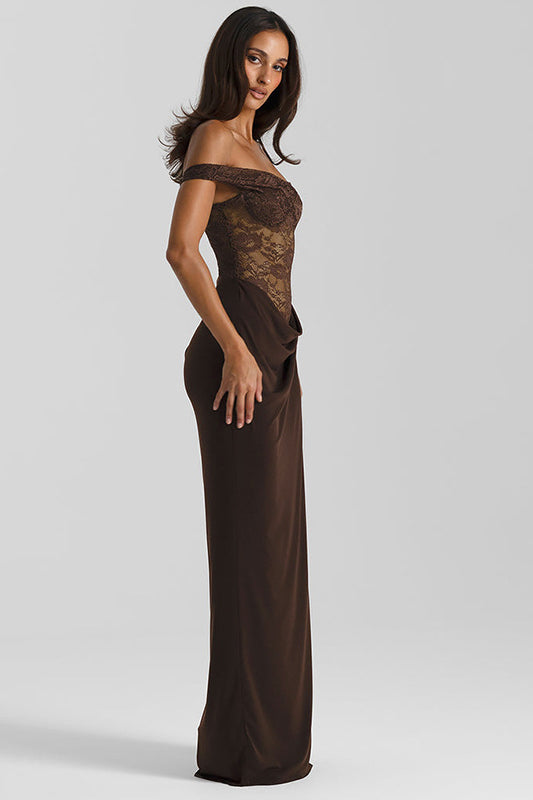 Enchanting strap lace dress in brown satin with off-shoulder neckline