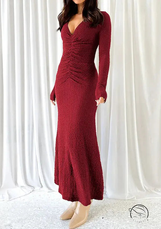 Beautiful burgundy knitted dress, maxi style