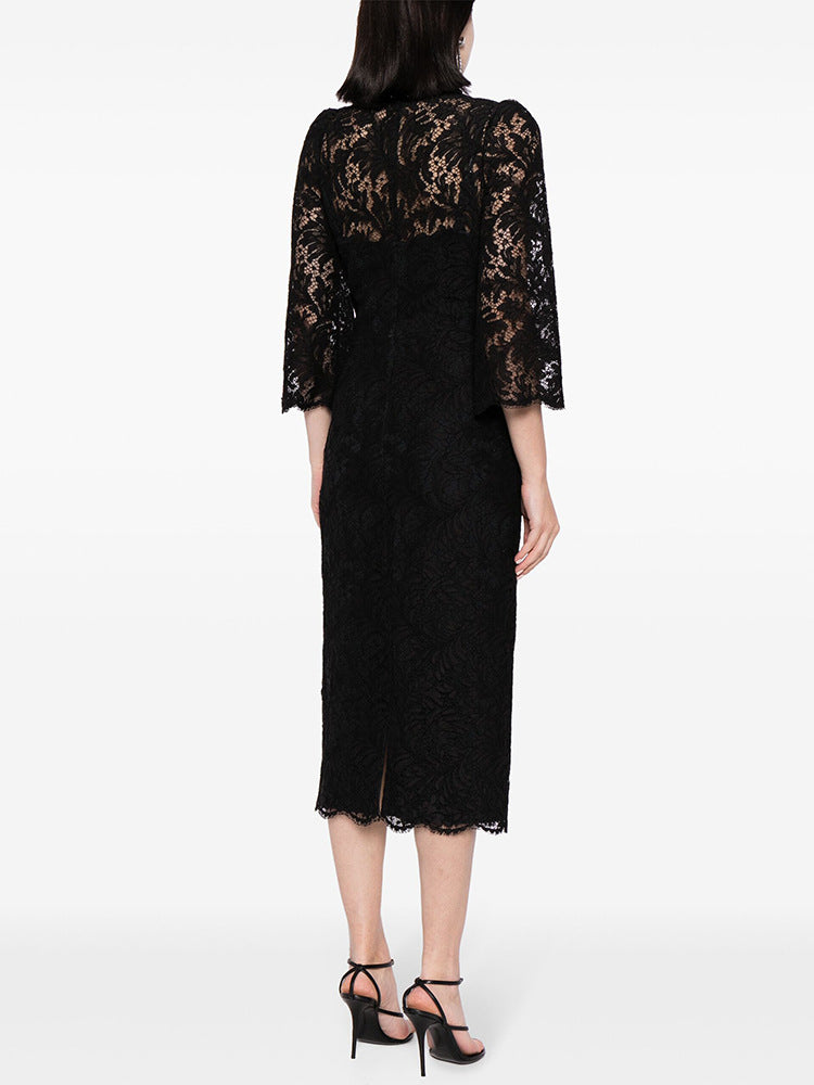 Elegant Slim Lace Dress featuring a stylish black lace midi dress for fashion enthusiasts