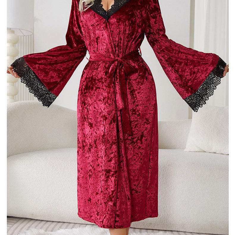 Deep red velvet lengthened bathrobe with black lace trim for luxurious home wear