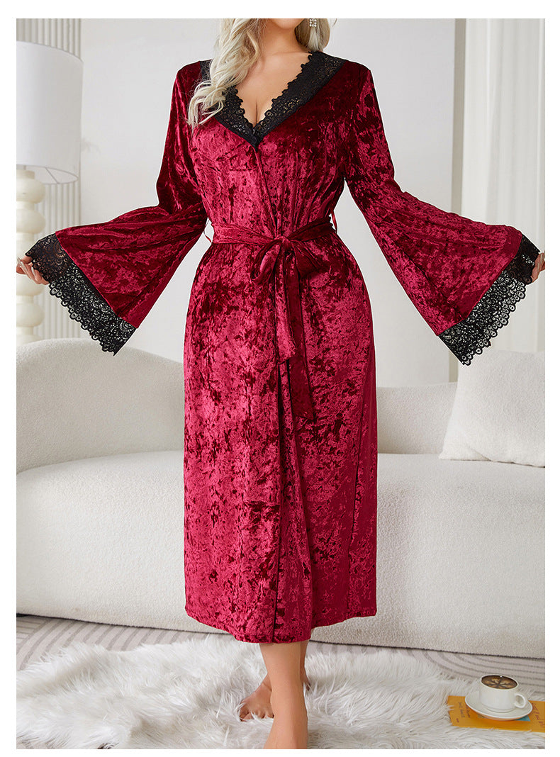 Deep red velvet lengthened bathrobe with black lace trim for luxurious home wear