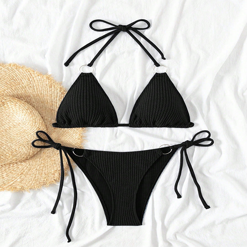 Black ribbed bikini with ring details from LACE UP BIKINI BEACH, perfect for bikini beach days with free shipping