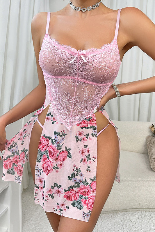 Pink lace corset top with floral skirt panels in Dark Pattern Floral Lingerie Sets fashion