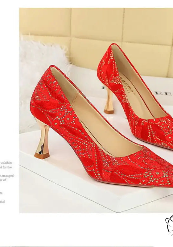 Red Langry fashion high-heeled shoe with glittering pointed toe