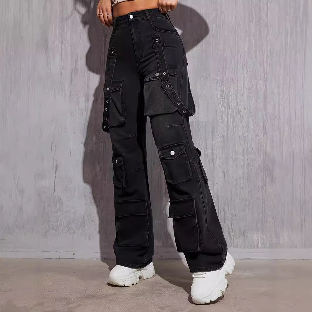 Black denim cargo pants with multiple pockets and strap details for hip hop fashion