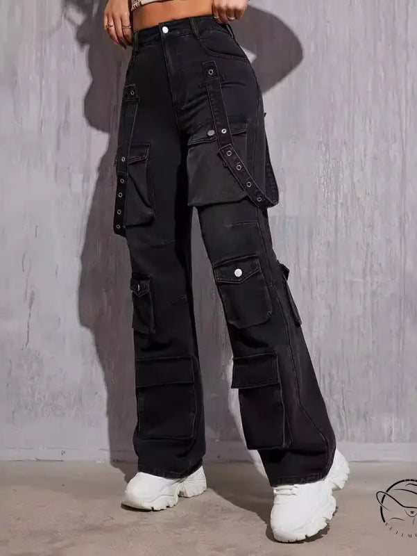 Black denim high elastic cargo pants with hip hop strap details