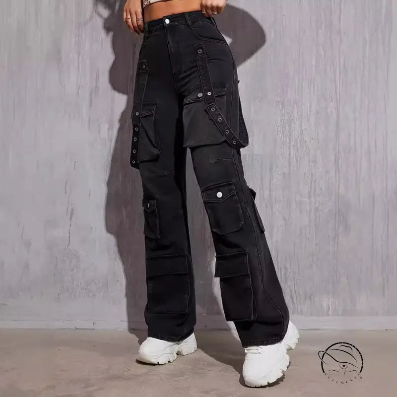 Black denim high elastic cargo pants with hip hop strap details