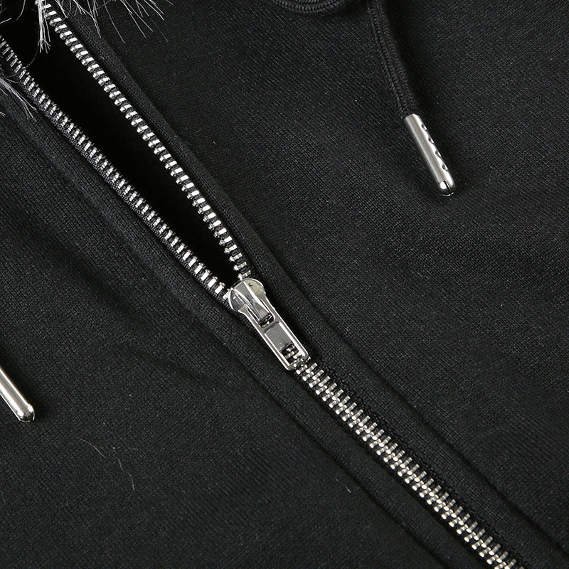 Black zippered hoodie from Retro Loose Fur Warm Coat for fashionable ملابس and stylish langry fashion