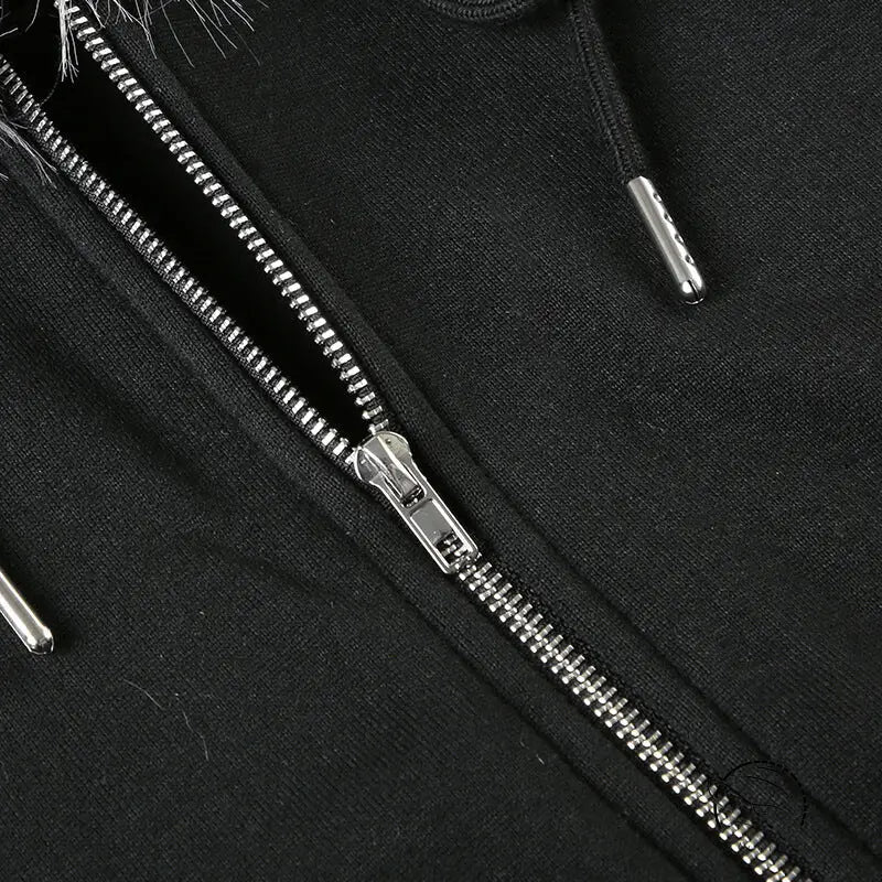 Langry retro loose fur warm black zippered hoodie in fashion ملابس