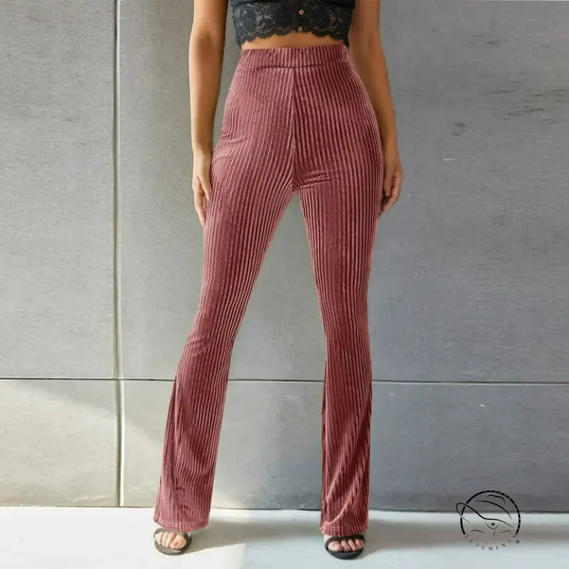 High waist pleuche sunken stripe pink corduroy flare pants