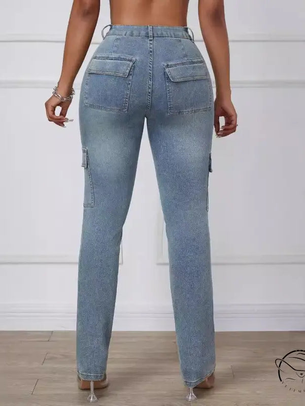 Light blue wash straight skinny jeans with cargo pockets