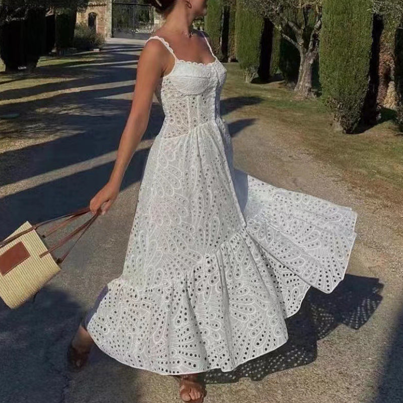 White eyelet midi dress showcasing langry fashion with elegant hollow out design for women
