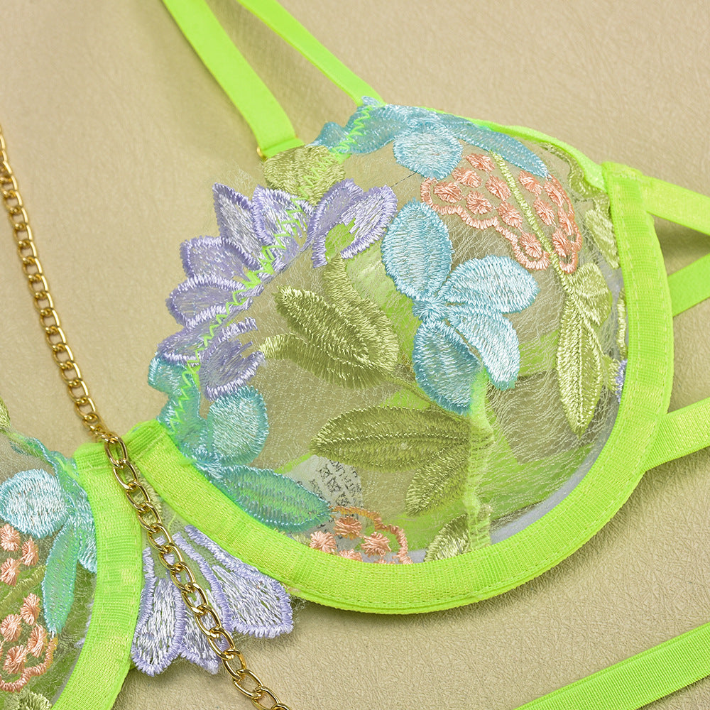 Neon green floral embroidered bra with underwear hanging neckband and neckband iron chain