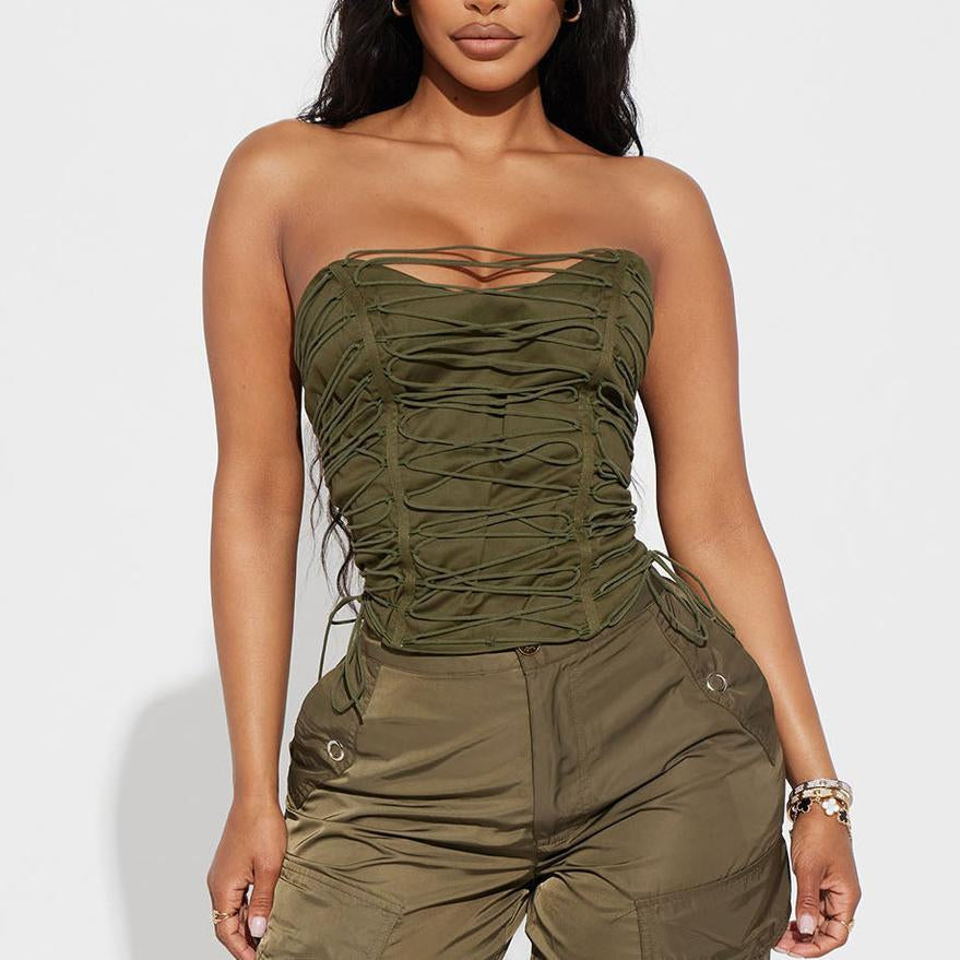 Olive green strapless ruched Langry fashion corset vest with lace-up back