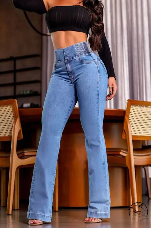 Beautiful stretch hip lifting denim trousers in light-wash flared style