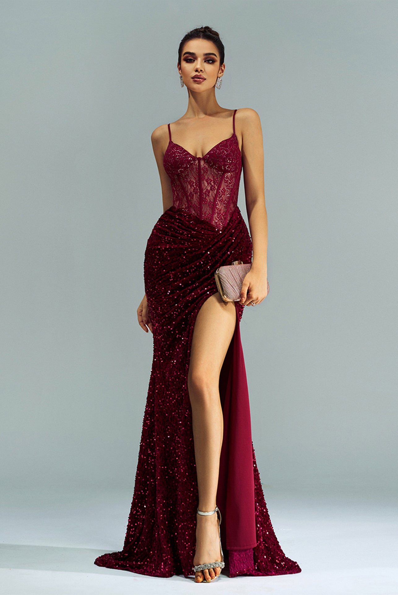 Burgundy sequined evening gown with high slit and spaghetti straps for stylish fashion ملابس