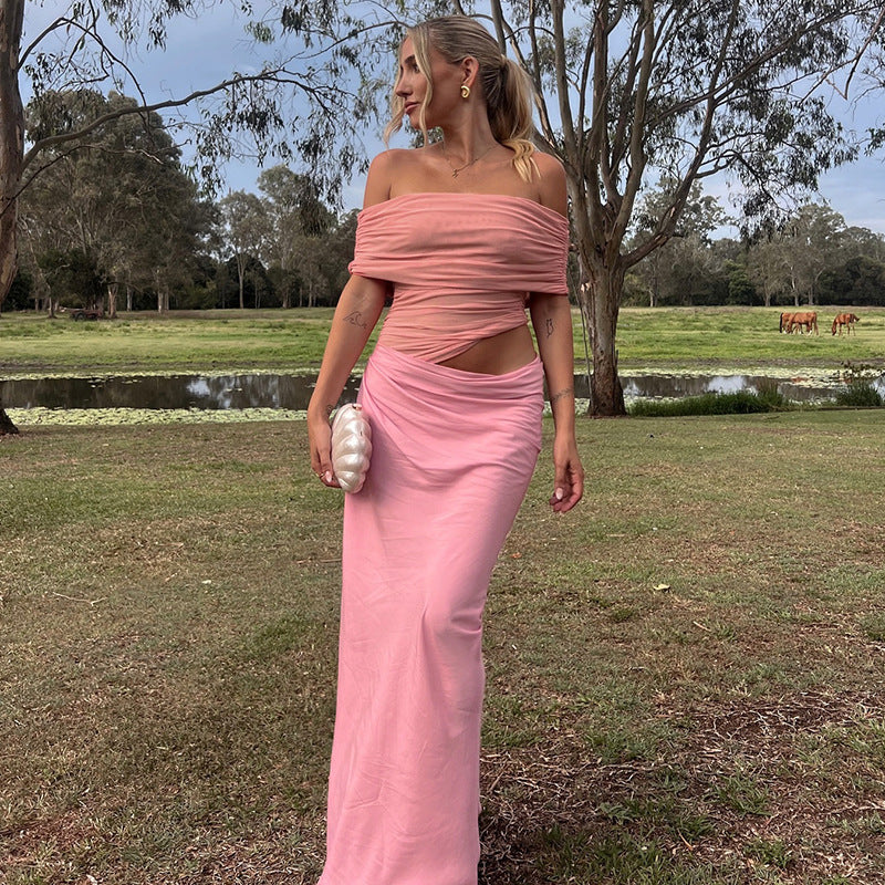 Pink off-shoulder fitted maxi dress with ruched bodice detailing for elegant fashion