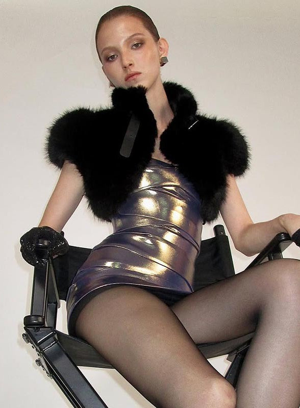 Langry fashion silver dress with fur trim, black gloves, cropped top