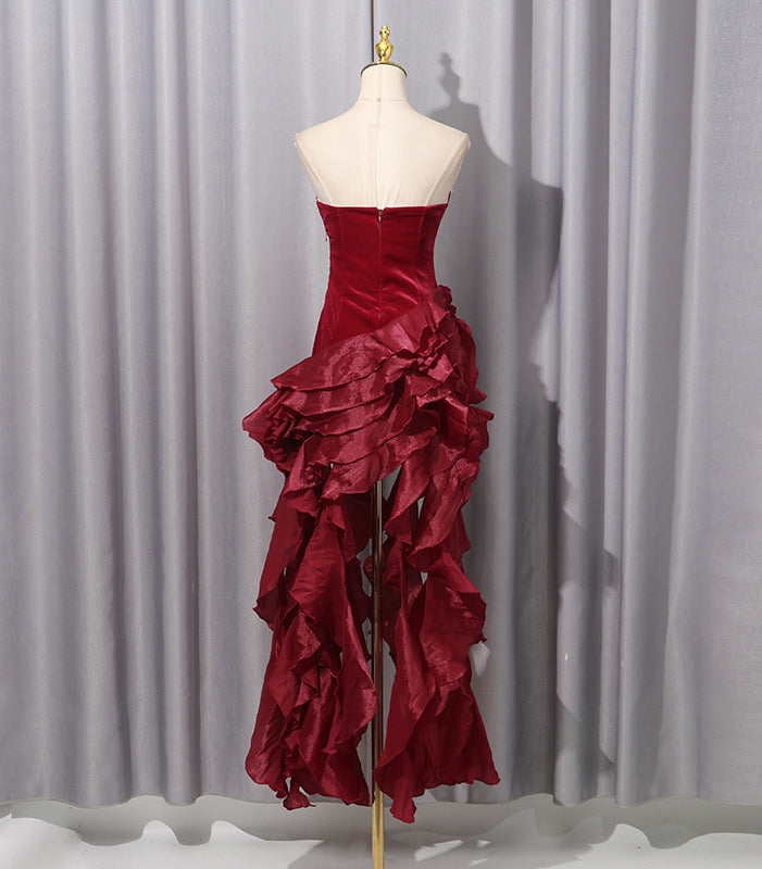 Enchanting burgundy velvet ruffled evening dress in Langry fashion
