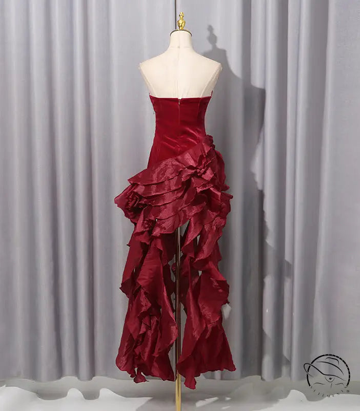 Enchanting burgundy velvet langry fashion gown with ruffled layers